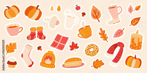 A charming collection of autumn themed stickers pumpkins leaves and cozy accessories