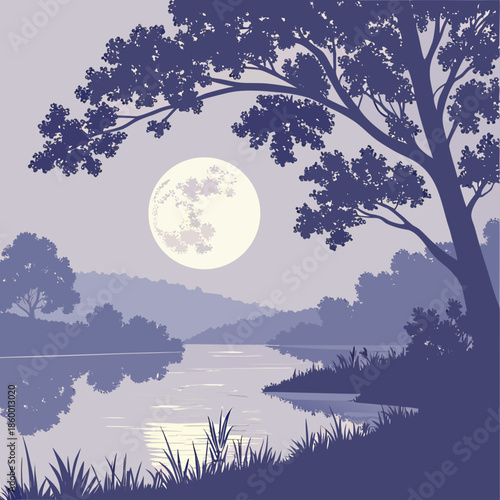 A serene landscape unfolds with silhouetted trees framing a radiant full moon reflected upon calm waters at dusk