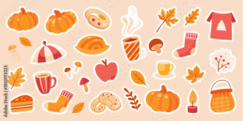 Autumn themed stickers featuring pumpkins leaves and cozy fall items
