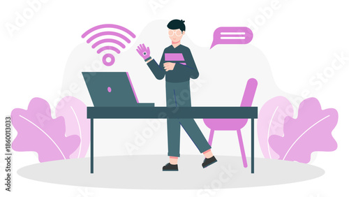 Co-working Space Offering Haptic Feedback Workstations. Flat Vector Illustration