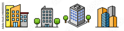 Set of pixel skyscraper building vector for city maps. Ideal for urban landscapes, office towers, downtown scenes, and retro architecture.