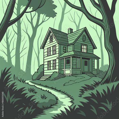 a quaint illustrated cottage sits nestled within a dense green forest presented in a peaceful stylized artistic depiction