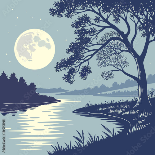 a serene landscape depicts a full moon illuminating a tranquil river surrounded by silhouetted trees and distant hills