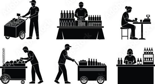 Street vendor silhouettes, market cart scenes, urban vending vector, bottle display, food stall, mobile seller, black illustration, commerce
