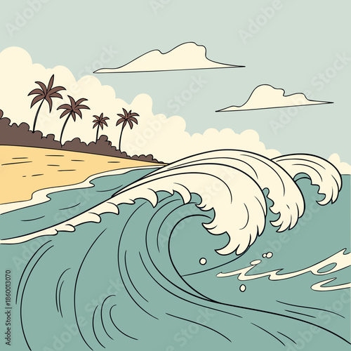 a serene tropical beach scene with rolling waves palm trees and fluffy clouds creates a calming and picturesque illustration