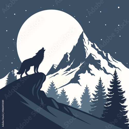 A majestic wolf howls at the luminous full moon silhouetted against a backdrop of rugged mountains and a dark forest