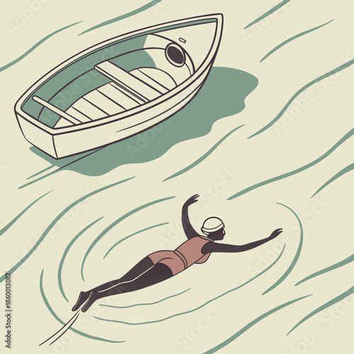 A serene illustration depicts a person floating in water near a small empty rowboat on gentle waves high quality