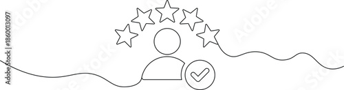 A simple line drawing of a person with stars and a checkmark symbolizing achievement and success