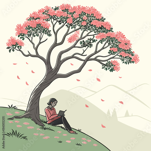 A charming illustration depicts a makeup palette lipstick tubes a blush and brushes arranged for beauty and cosmetic applications