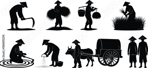Traditional farming silhouette, Southeast Asian agriculture, conical hat workers, rice planting, crop harvesting, ox cart, rural labor, black vector art