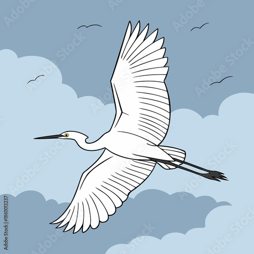 A graceful white bird soars through the sky with extended wings amidst soft blue clouds and gentle breezes above