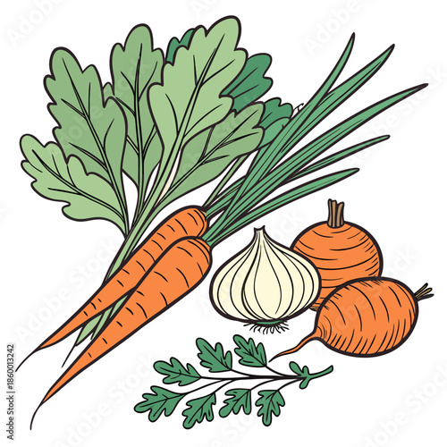 A vibrant illustration depicts fresh carrots a bulb of garlic and round radishes with leafy greens showcasing garden fresh produce