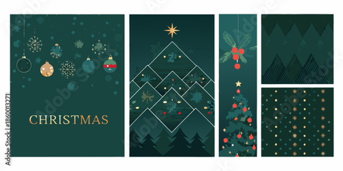 Festive christmas patterns with trees ornaments and seasonal decorations