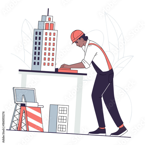 An architect carefully examines a detailed scale model of a modern skyscraper showcasing precision and thoughtful design planning