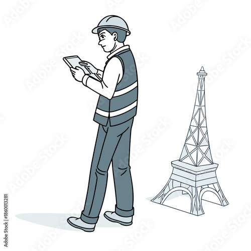 A construction worker utilizing a digital tablet while standing near a detailed illustration of the eiffel tower in paris