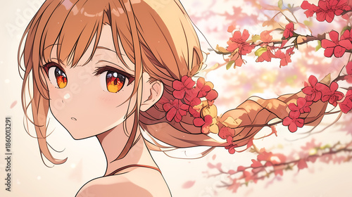 花を髪に編み込んだアニメ美少女の横顔　春を感じる優しいイラスト
