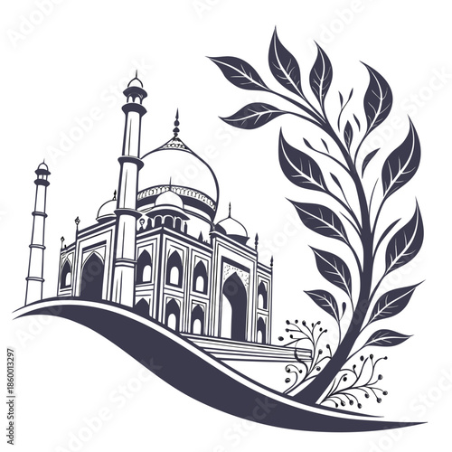 An elegant graphic illustration showcases the taj mahal alongside stylized botanical elements creating a harmonious visual composition high quality