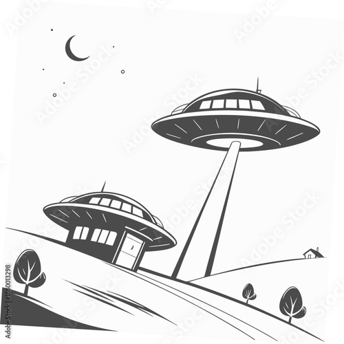 A black and white illustration depicts two flying saucers over a rolling landscape with a crescent moon in the night