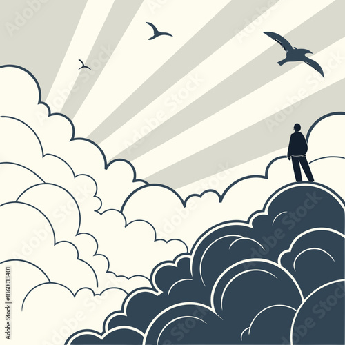 A solitary figure contemplates the vastness of the sky surrounded by clouds and birds in flight a serene scene
