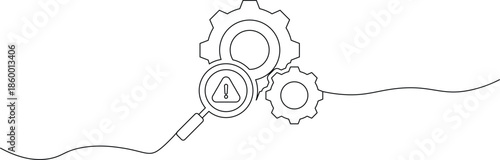 A line drawing of gears and a warning sign connected by a cord