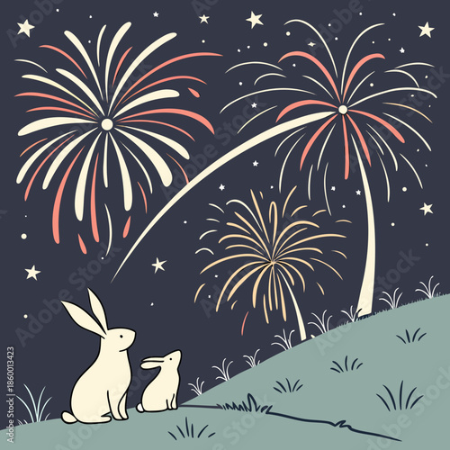 a whimsical illustration depicting a nighttime scene with fireworks a rabbit family and a serene landscape under a starry sky