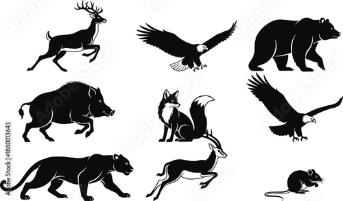 Wild animal silhouette vector, forest wildlife illustration, black icons, deer, eagle, bear, fox, panther, nature clipart