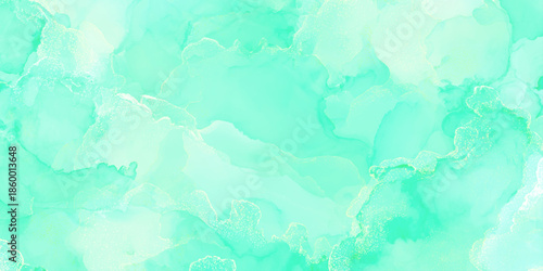 An abstract watercolor background featuring swirling shades of teal and soft mint green creating a calming texture