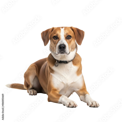 Brown and white dog lying down isolated on transparent background