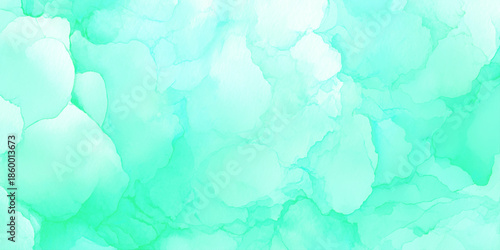 An abstract watercolor background featuring swirling shades of vibrant aqua and soft mint green tones
