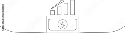 A simple line drawing of a dollar bill with a bar graph on top showing growth and financial success
