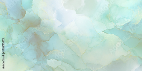 An abstract background featuring soft washes of watercolor in pale blues greens and beige tones creates a calming texture