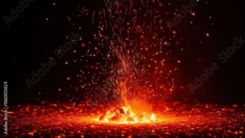 Sparkling fire embers rising into the dark air