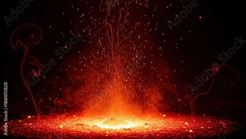 Fire sparks flying up from burning flames at night