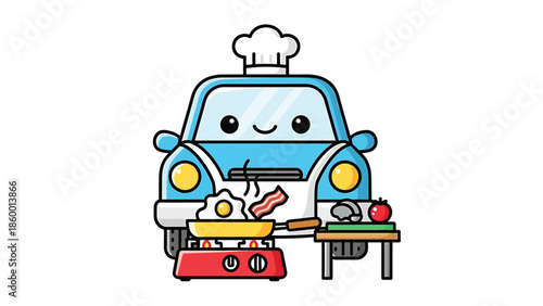 Cartoon car chef cooking breakfast with eggs and bacon on a stove.