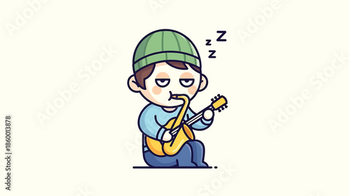 Cartoon character playing guitar while sleeping with a green hat and blue shirt.