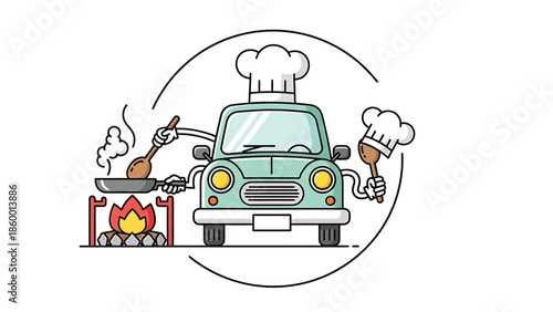 Cartoon car chef cooking food with fire and wooden utensils in a kitchen.