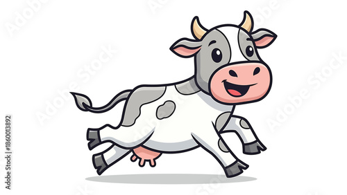 Cartoon cow running happily with a big smile and joyful expression.