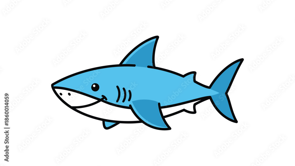 Fototapeta premium Cartoon shark illustration, a friendly and smiling aquatic predator, blue color, simple design.