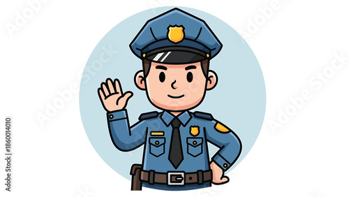 Friendly police officer in uniform waving hello with a welcoming gesture.