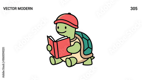 Cartoon turtle wearing a red cap and reading a book with focus.