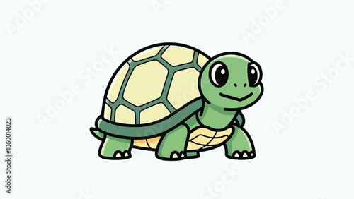 Cartoon turtle illustration with a smiling face and detailed shell design.