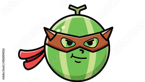 Cartoon watermelon ninja character with a red mask and cape, ready for action.