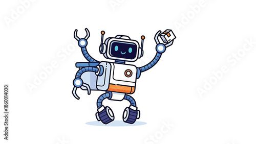 Cheerful robot with arms raised holding a cube, smiling and happy.