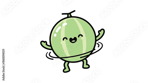 Cheerful cartoon melon character enjoying a fun hula hoop dance with joy.