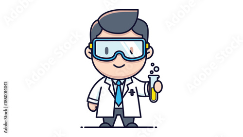 Cartoon scientist holding a test tube with a yellow liquid.