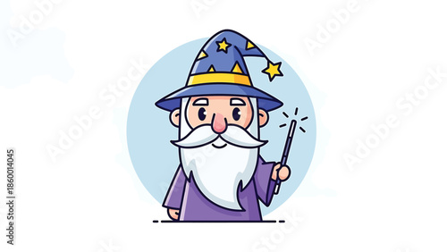 Cartoon wizard with a long white beard and a magic wand casting a spell.