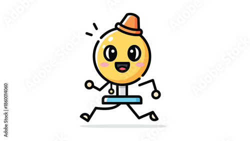 Cheerful cartoon character of a lightbulb with a hat running happily forward.