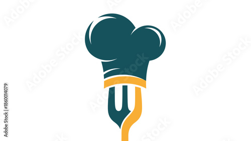 Chefs hat and fork logo, culinary symbol, food industry representation, cooking concept.