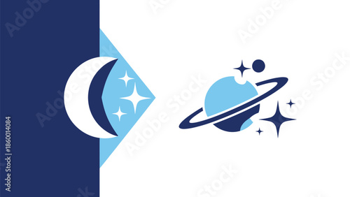 Elegant celestial design featuring a crescent moon, stars, and a planet with rings.