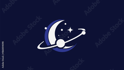 Celestial body logo design featuring a crescent moon, stars, and orbiting planet.